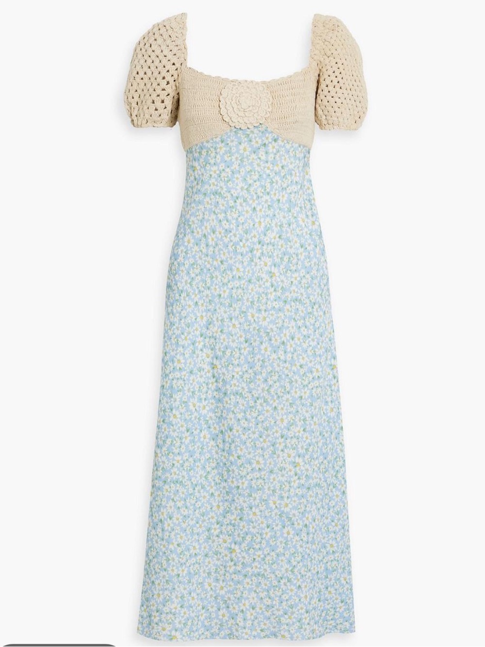 RIXO Cream Crochet Bodice Baby Blue Floral Maxi Dress